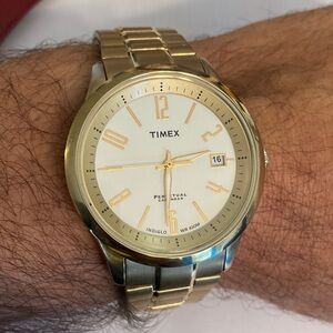 Timex gold tone Perpetual Calendar watch, stretch bracelet, new battery, indiglo